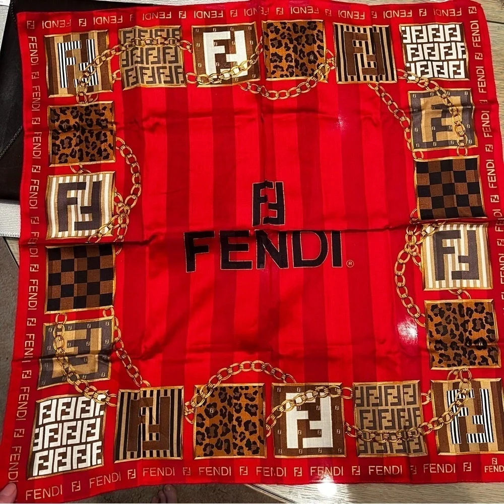 Vintage Fendi Red Silk Scarf – Chain & FF Logo Patch Print, 1980s-1990 EUC Italy